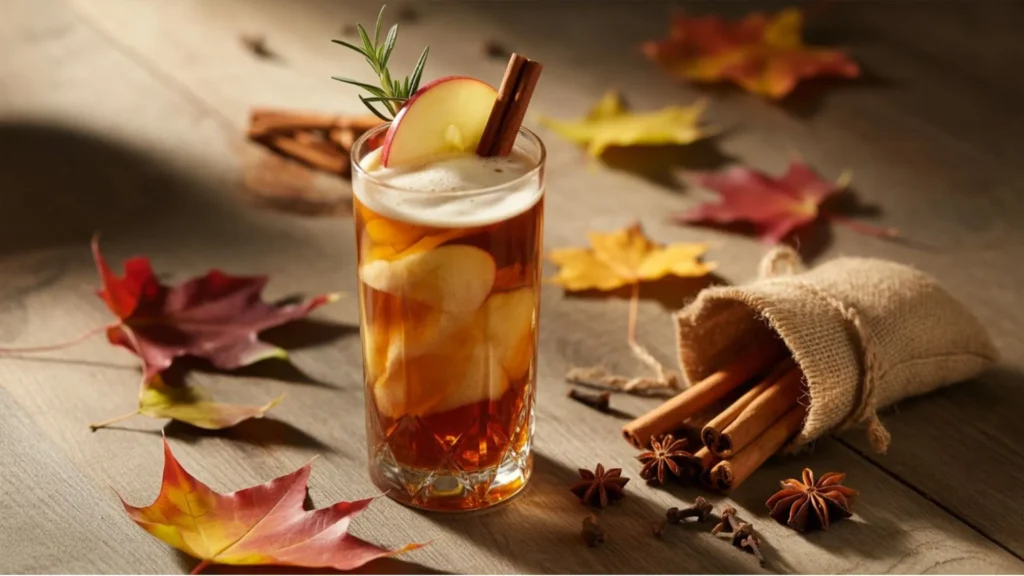 Fall Cocktail Recipes cozy seasonal mocktails in glass mugs surrounded by fall leaves and spices