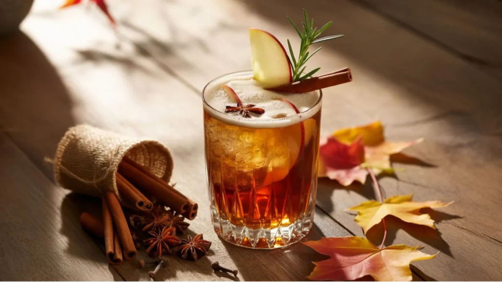 Fall Cocktail Recipes non-alcoholic autumn drinks with apple, pumpkin, and cinnamon served on a rustic wooden table