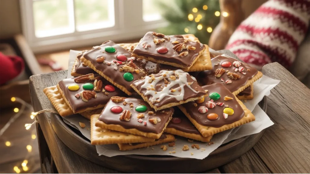 Festive tray of Recipe for Christmas Crack pieces arranged with holiday decorations.