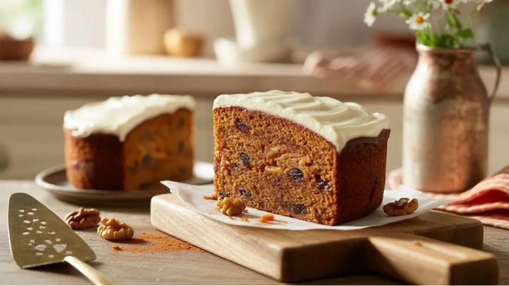 Gluten Free Carrot Cake Recipe slice with cream cheese frosting on white plate, showing moist crumb and carrot flecks.