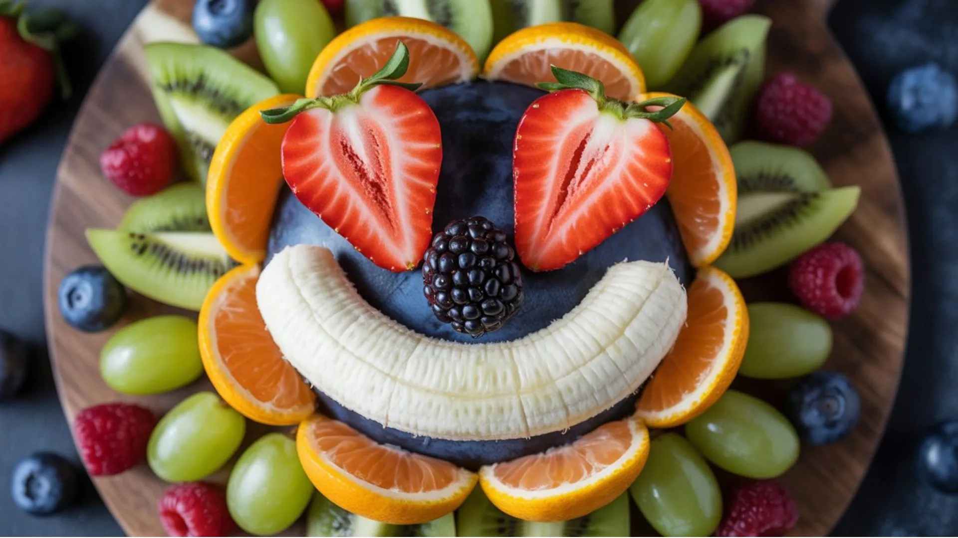 Halloween Fruit Tray A colorful platter filled with spooky-shaped fruits like ghost bananas, orange pumpkins, and chocolate-dipped strawberries for a festive party treat.