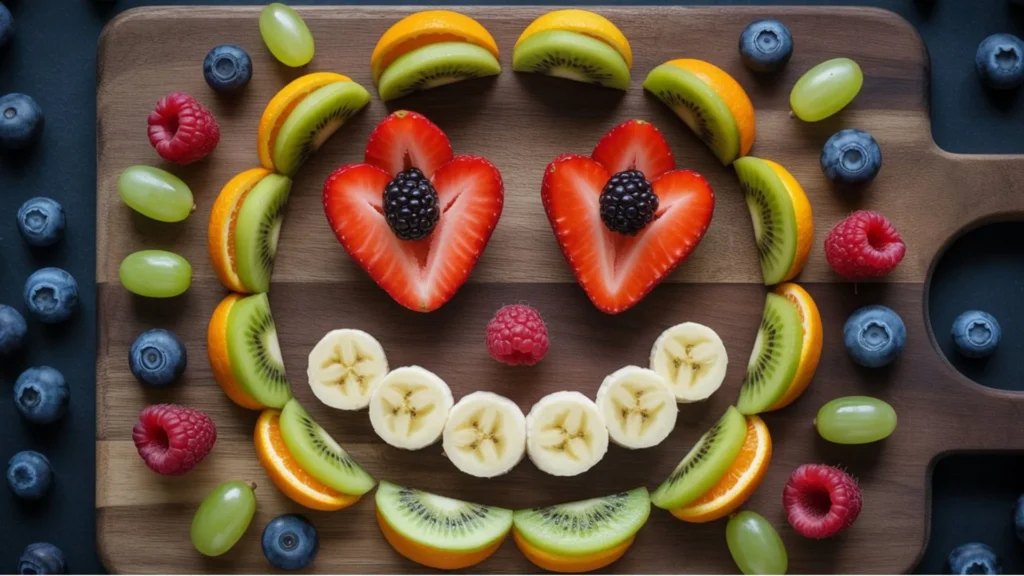 Halloween Fruit Tray Healthy Halloween snack board with fresh fruits arranged in pumpkin, bat, and ghost shapes—perfect for kids and party tables.