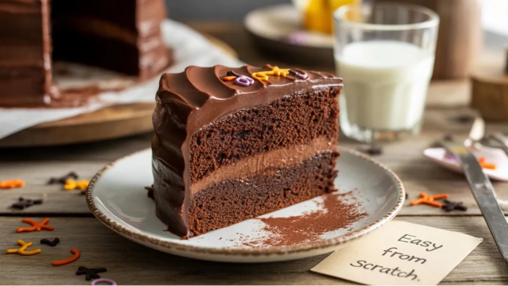 Homemade Chocolate Cake Recipe From Scratch Easy Halloween decorated with candy eyes and Halloween-themed toppings.