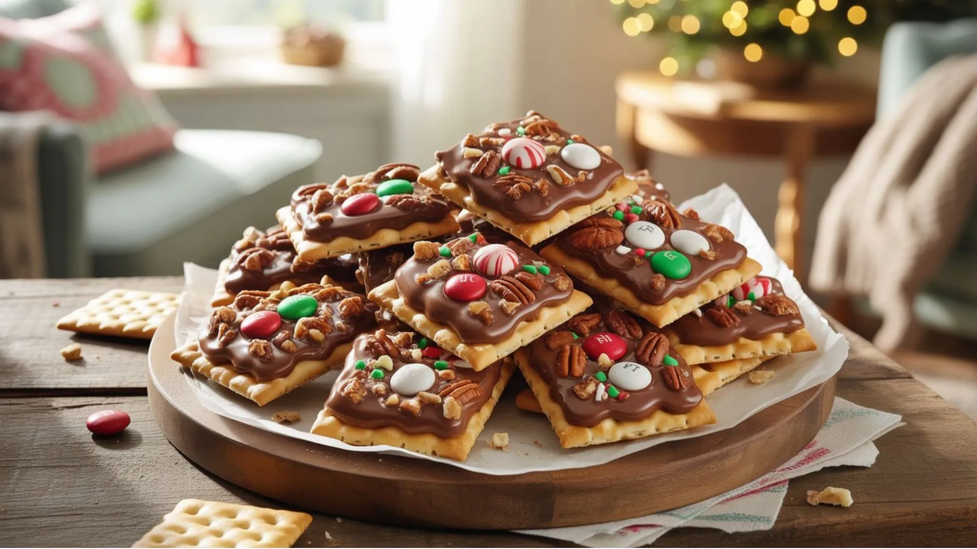 Homemade Recipe for Christmas Crack with caramel, chocolate, and saltine crackers cooling on a baking sheet.