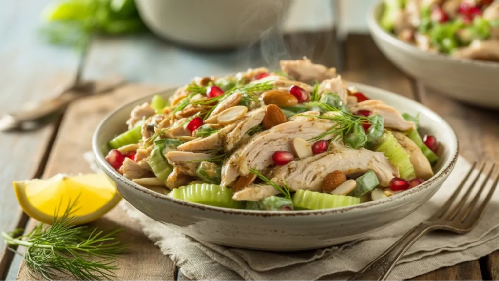 Hot Chicken Salad Recipe with fresh vegetables and savory dressing