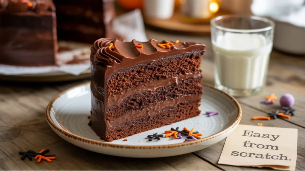 Moist and fluffy Chocolate Cake Recipe From Scratch Easy Halloween perfect for party desserts or family gatherings.