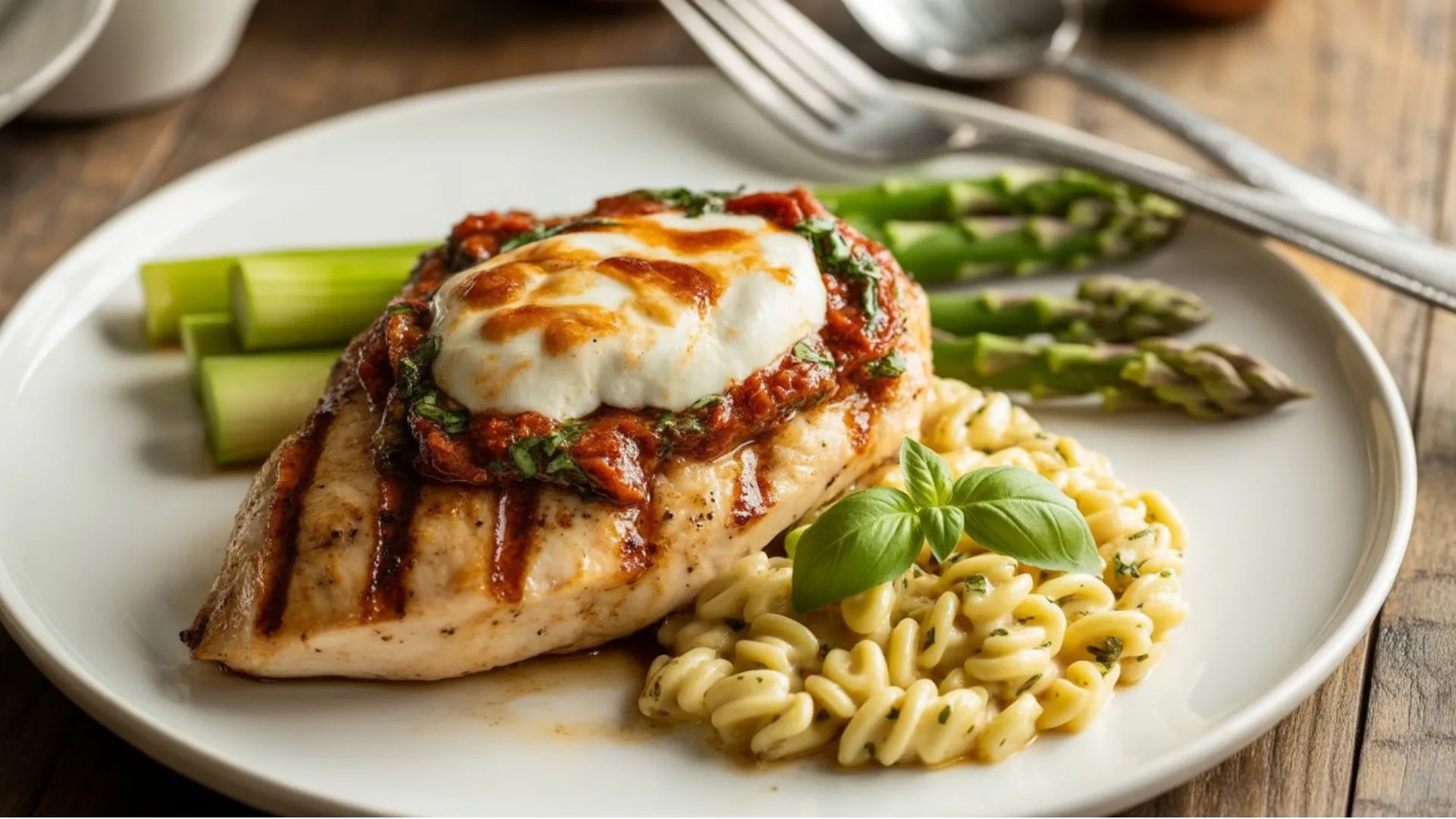 Restaurant-style Chicken Bryan recipe served with sun-dried tomatoes and goat cheese over grilled chicken with fresh basil garnish