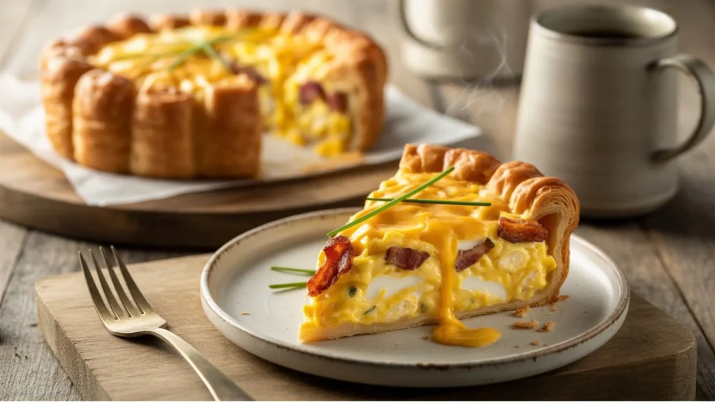 Slice of Croissant Breakfast Pie Recipe served on a white plate with fresh herbs, showing buttery croissant layers and cheesy egg filling