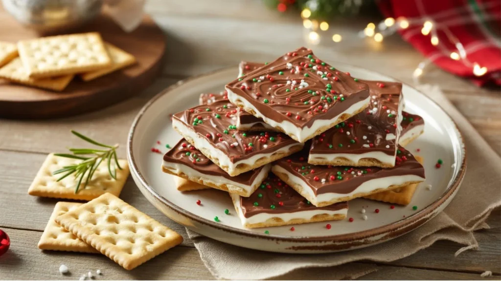 Vintage Christmas Crack Recipe WW2 candy cooling on parchment paper, topped with chopped nuts and festive sprinkles.