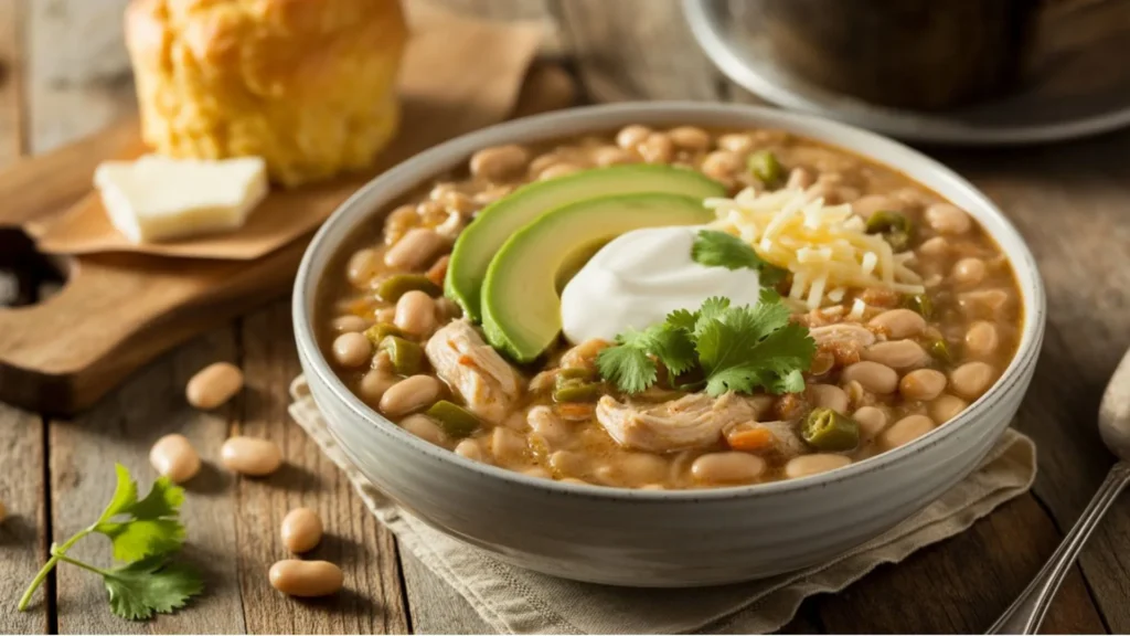 White chicken chili recipe served in a bowl topped with shredded cheese, fresh cilantro, and lime wedges.