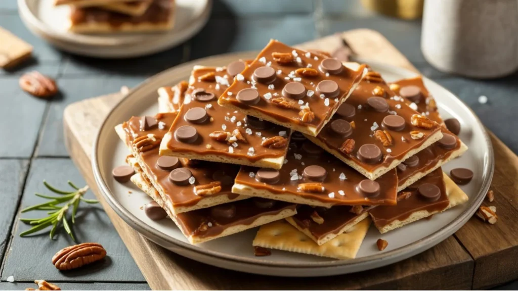 christmas crack recipe saltines with melted chocolate and caramel on baking sheet