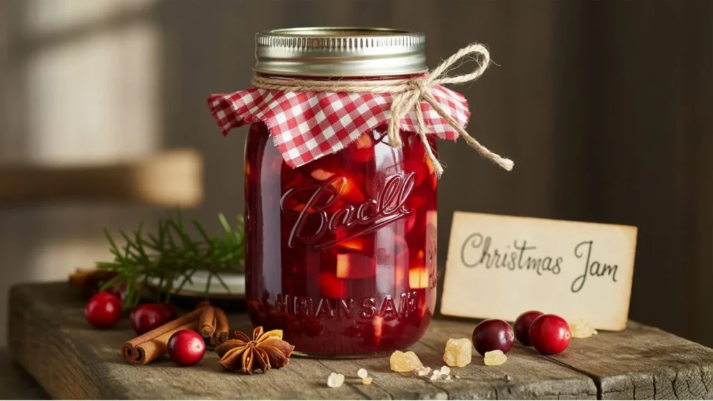 christmas jam recipe being spread on toast with fresh strawberries, cranberries, and holiday spices for a cozy winter breakfast.
