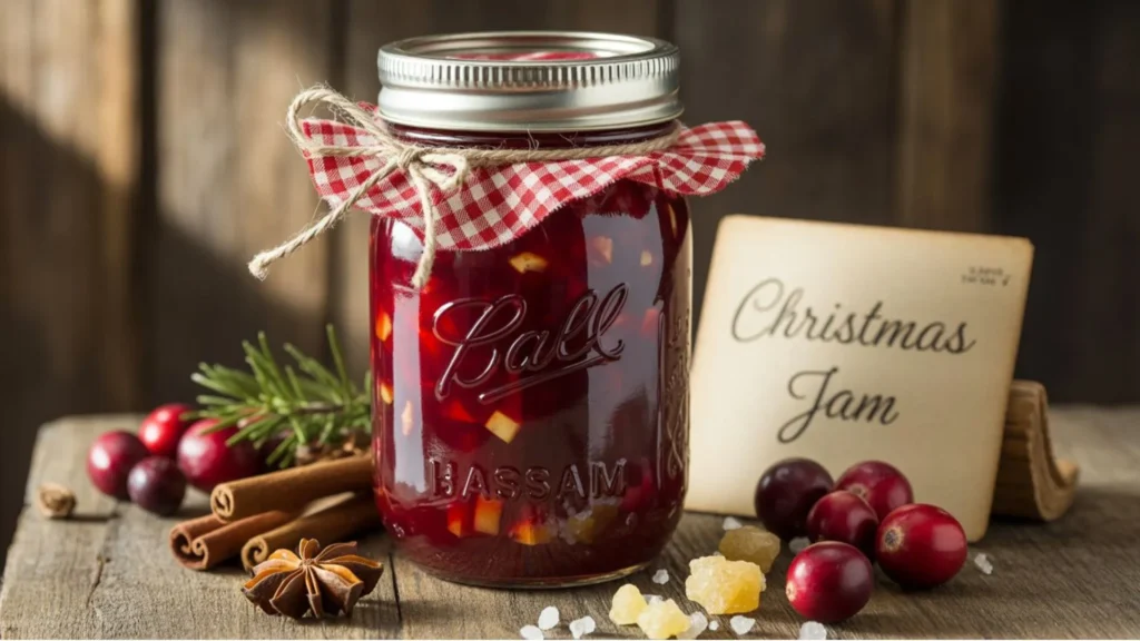 christmas jam recipe in glass jars with twine and gift tags on a rustic wooden board, bright red cranberry-strawberry jam for gifts.