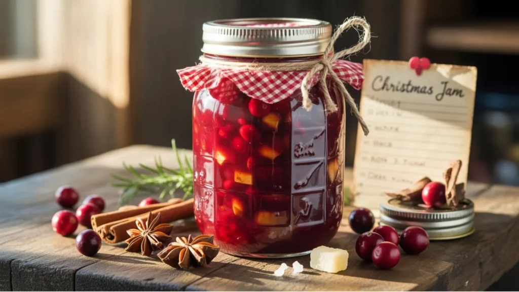 christmas jam recipe simmering in a pot with strawberries, cranberries, sugar, cinnamon, and cloves, step-by-step cooking process.