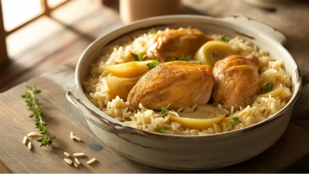 forgotten chicken recipe close-up of tender baked chicken breasts smothered in creamy sauce, served over fluffy white rice on a dinner plate