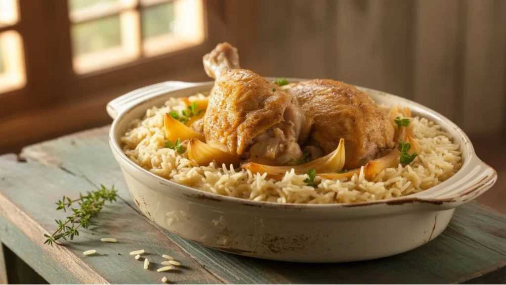 forgotten chicken recipe creamy baked chicken with rice in a casserole dish, topped with golden onion soup mix and fresh herbs