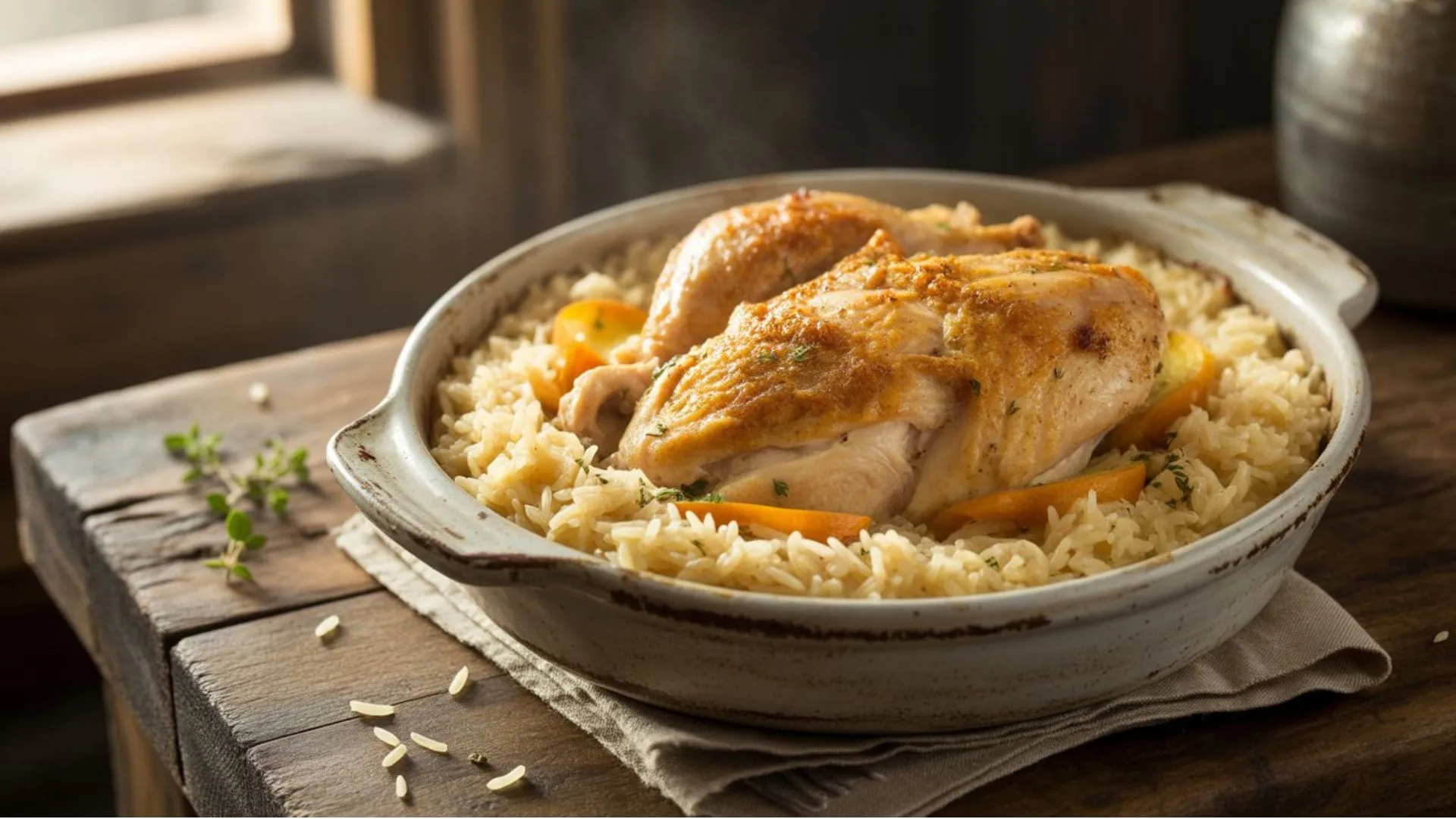 forgotten chicken recipe overhead shot of a family-style casserole pan with juicy chicken, seasoned rice, and rich creamy sauce ready to serve