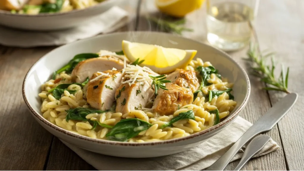 lemon chicken orzo recipe close-up of tender chicken with creamy orzo