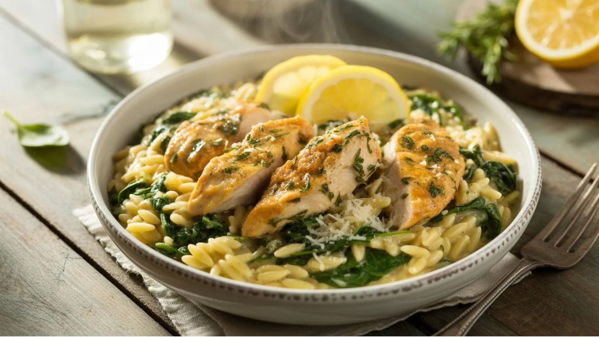 lemon chicken orzo recipe healthy bowl with lemon slices and herbs