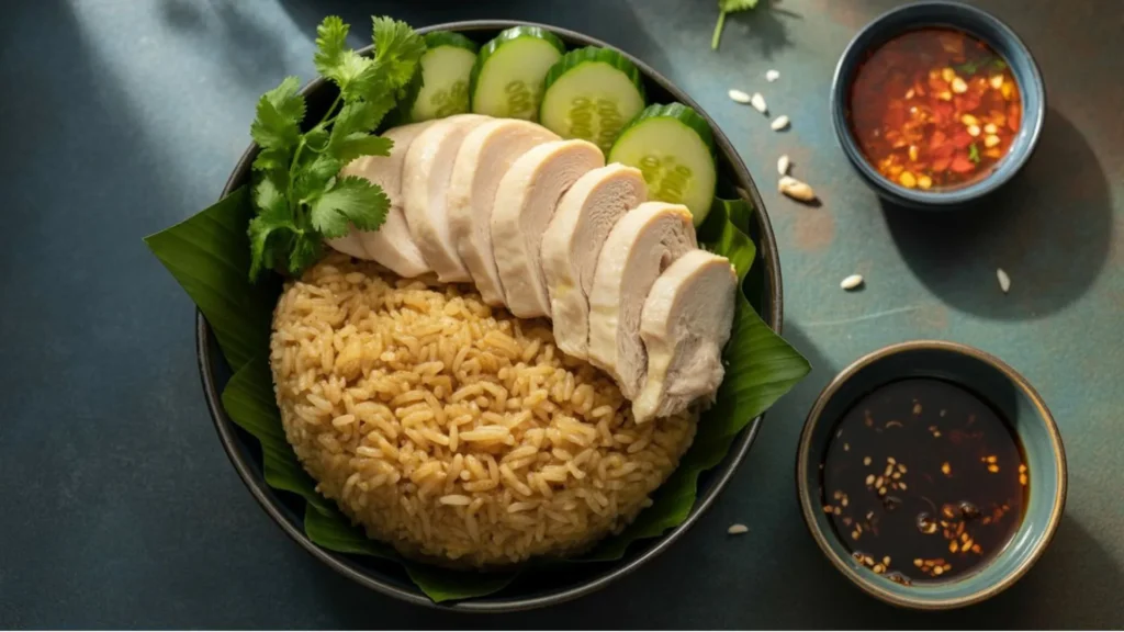 recipe for hainan chicken rice featuring tender chicken, golden rice, and traditional dipping sauces