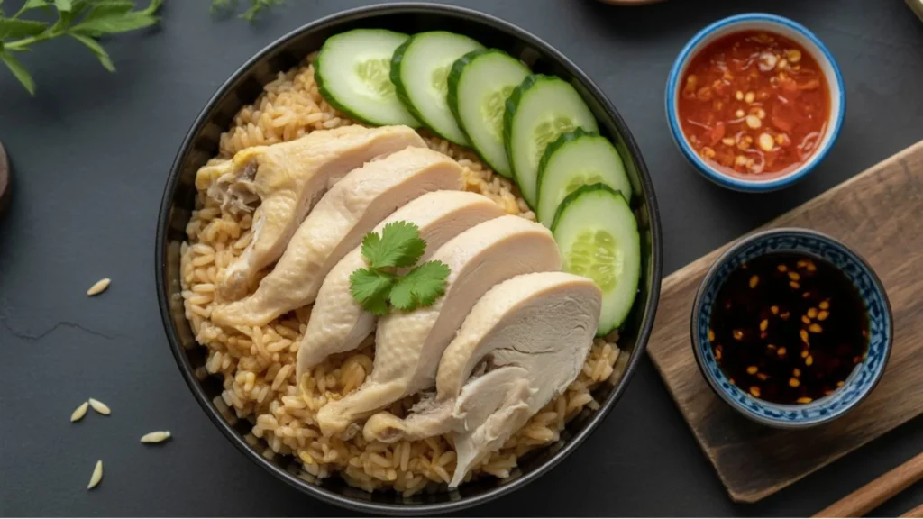 recipe for hainan chicken rice served with fragrant rice, poached chicken, dipping sauces, and garnishes on a clean plate