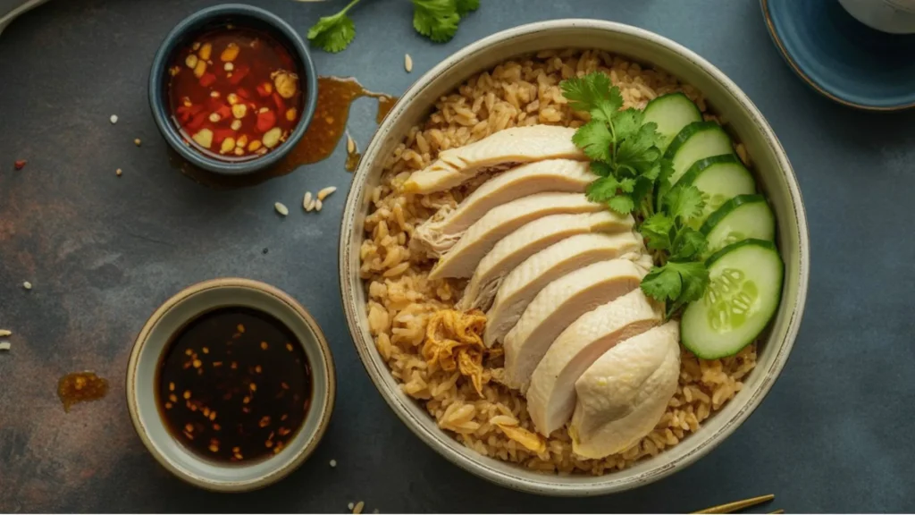 recipe for hainan chicken rice shown with sliced chicken, broth, and aromatic jasmine rice on a plate