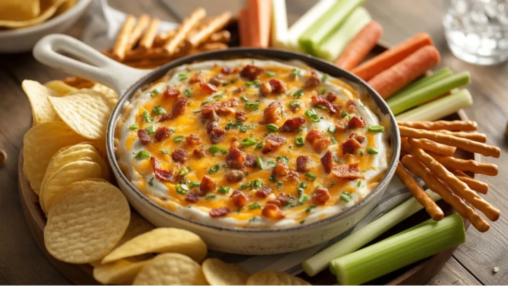 Cheesy crack dip recipe with ranch seasoning and crispy bacon ready for game day