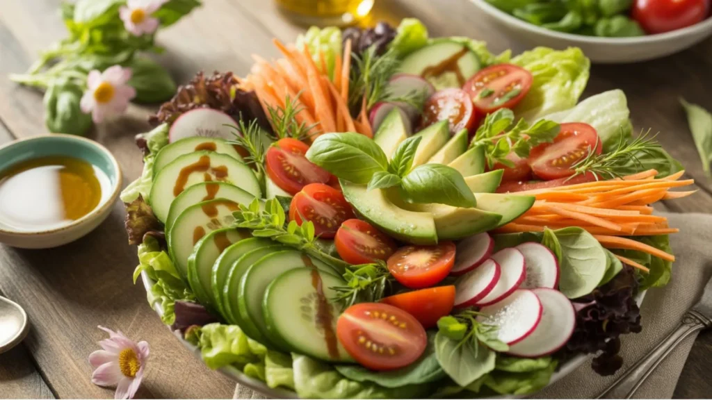 Colorful spring salad recipe featuring seasonal vegetables and healthy ingredients