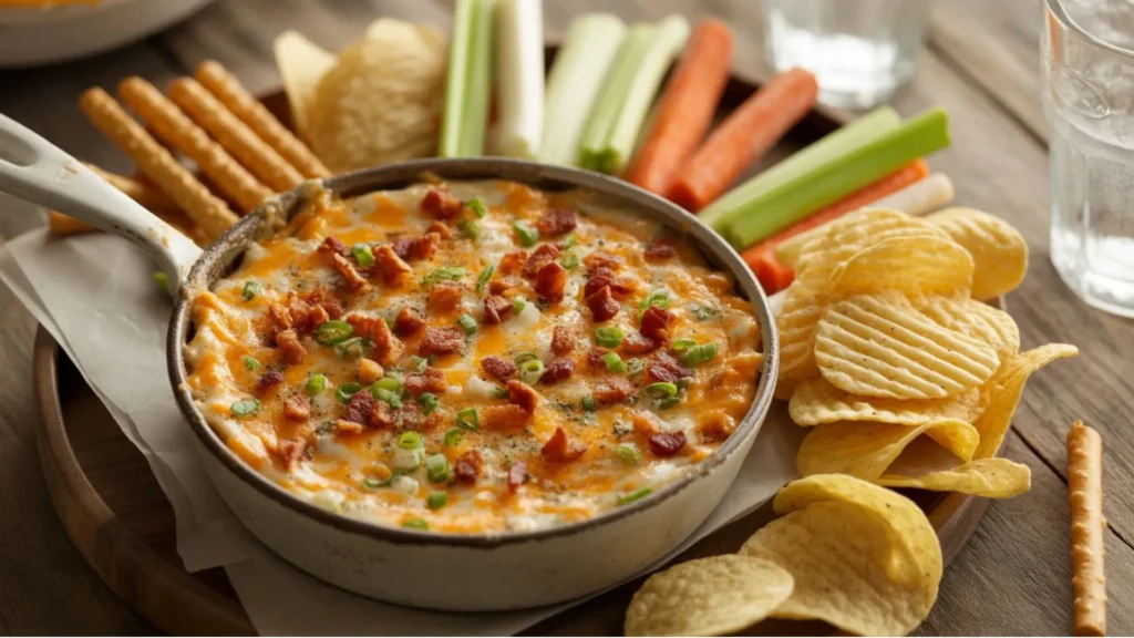 Easy crack dip recipe in a bowl topped with bacon and green onions for a party snack
