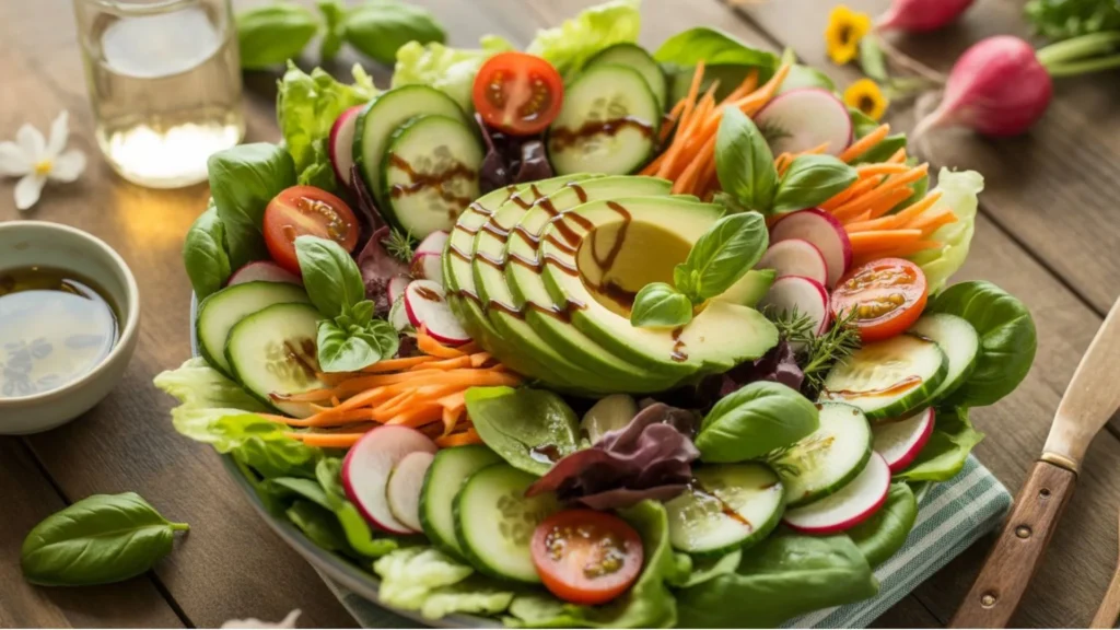 Easy spring salad recipe served in a bowl with fresh herbs and homemade dressing