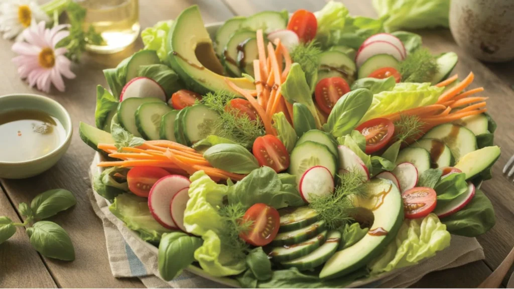 Fresh spring salad recipe with mixed greens, cherry tomatoes, and light vinaigrette