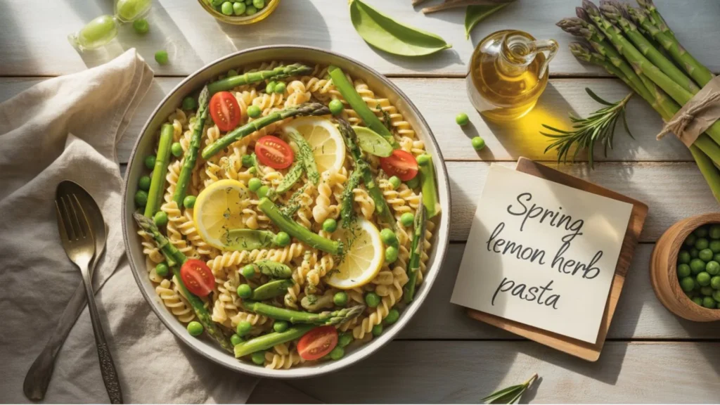 Fresh spring supper recipes with grilled chicken, asparagus, and lemon herbs on a light dinner table