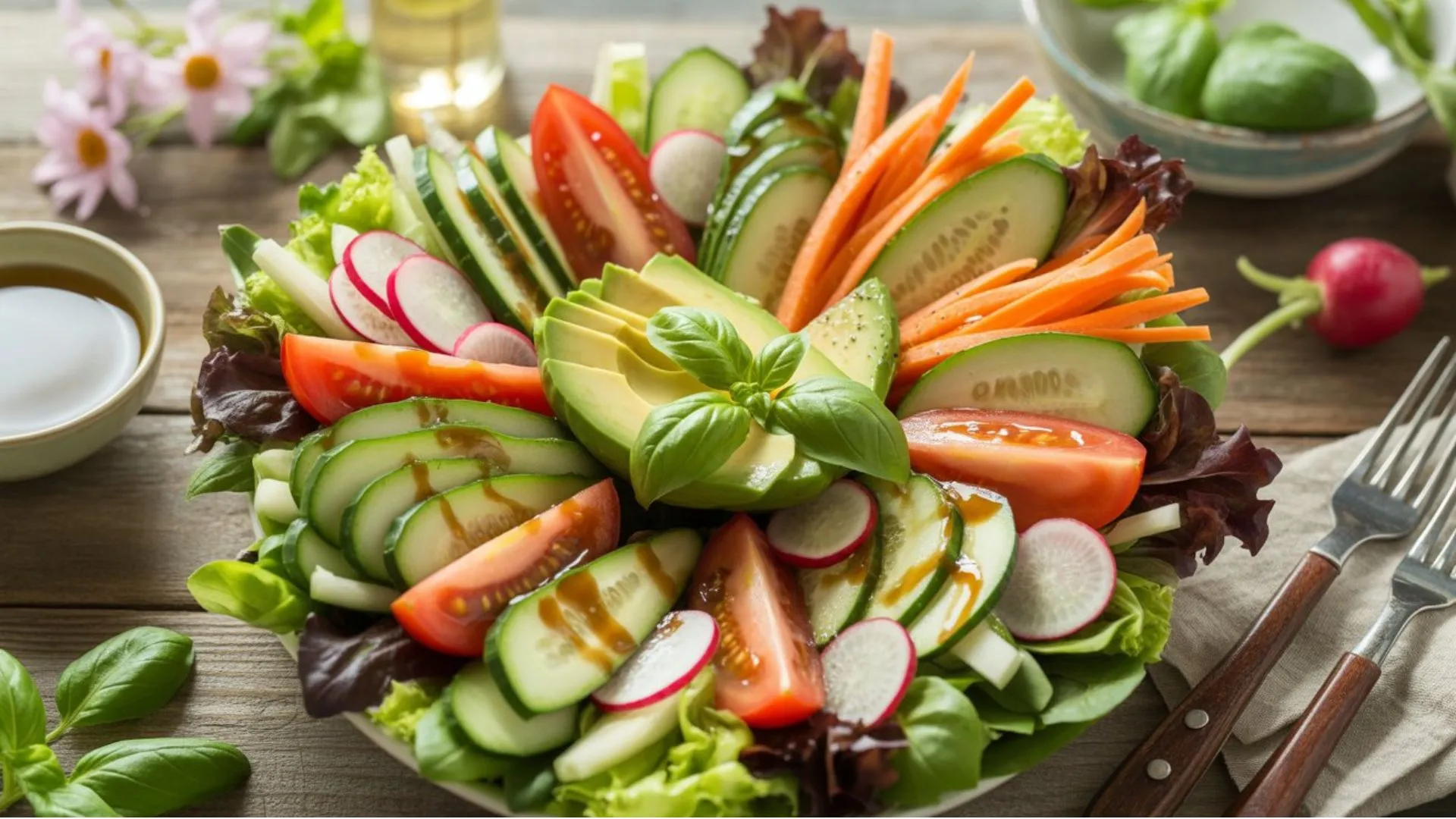 Healthy spring salad recipe with leafy greens, radishes, cucumbers, and lemon dressing