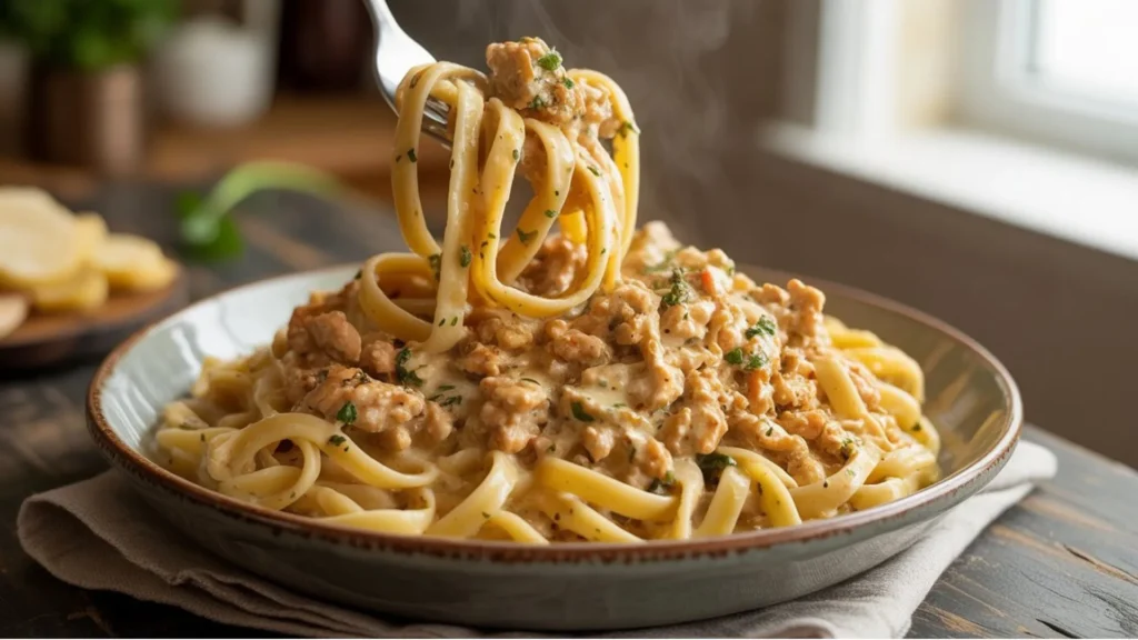 Cheesy ground chicken pasta baked until golden and bubbly