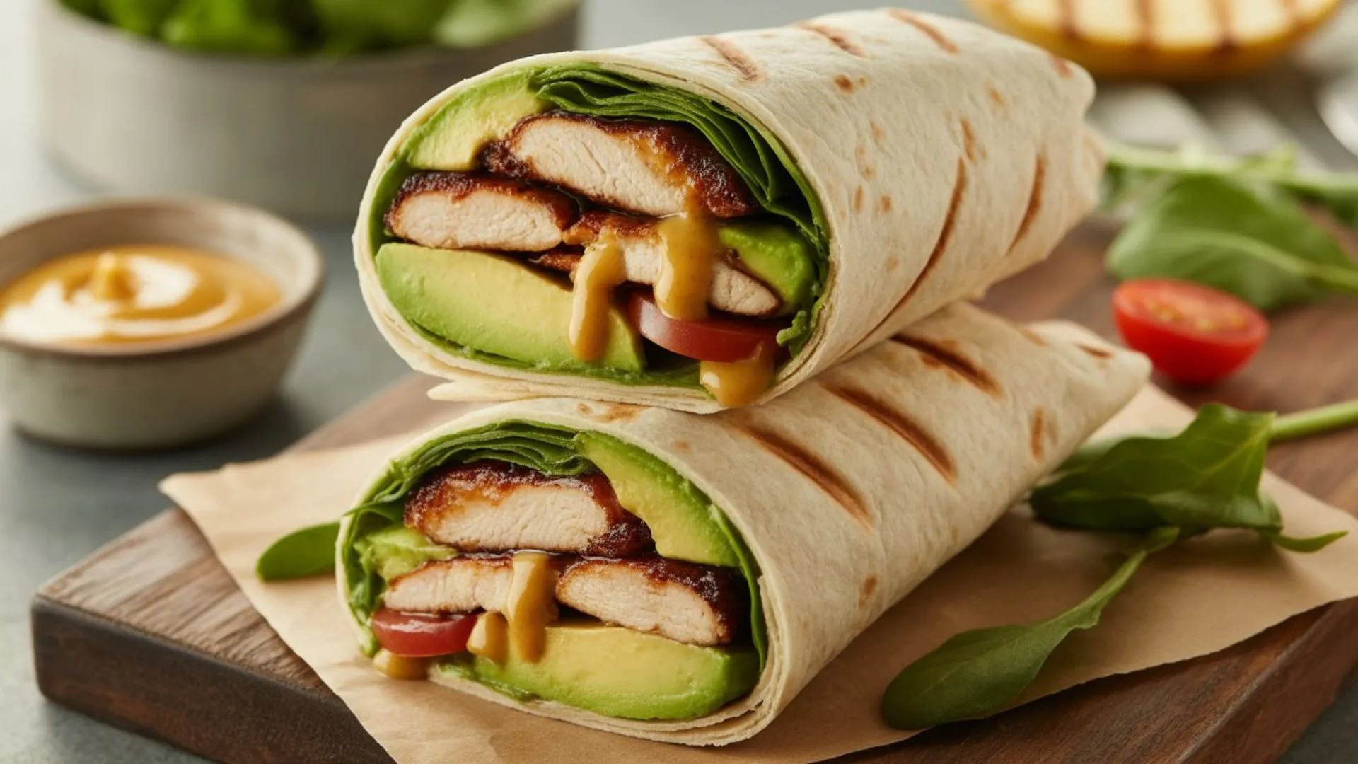 Chicken honey mustard wrap filled with grilled chicken, fresh lettuce, and creamy honey mustard sauce