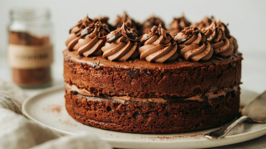 Chocolate Cream Cheese Frosting in a mixing bowl with a smooth, rich texture, perfect for cakes, cupcakes, and homemade desserts.