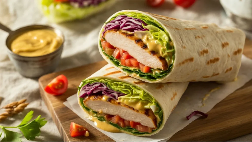 Close-up of chicken honey mustard wrap with juicy chicken, veggies, and golden sauce in a soft tortilla