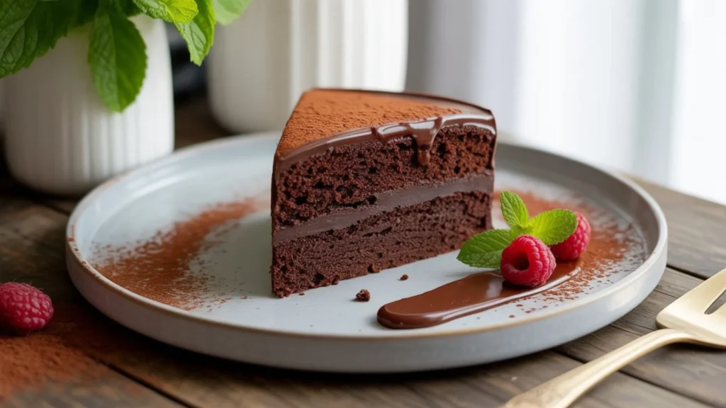 Delicious low sugar chocolate cake topped with light frosting, ideal for guilt-free sweet cravings