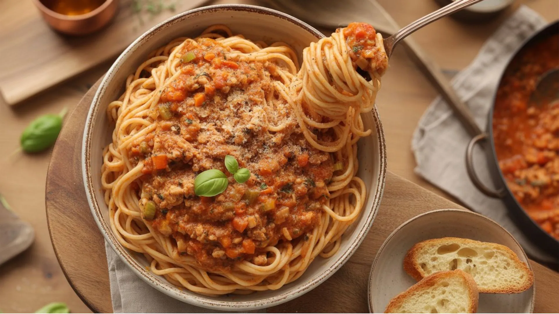 Ground chicken pasta in a creamy garlic sauce with fresh parsley