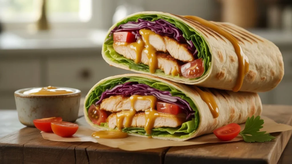 Healthy chicken honey mustard wrap packed with tender chicken, crisp greens, and sweet tangy dressing
