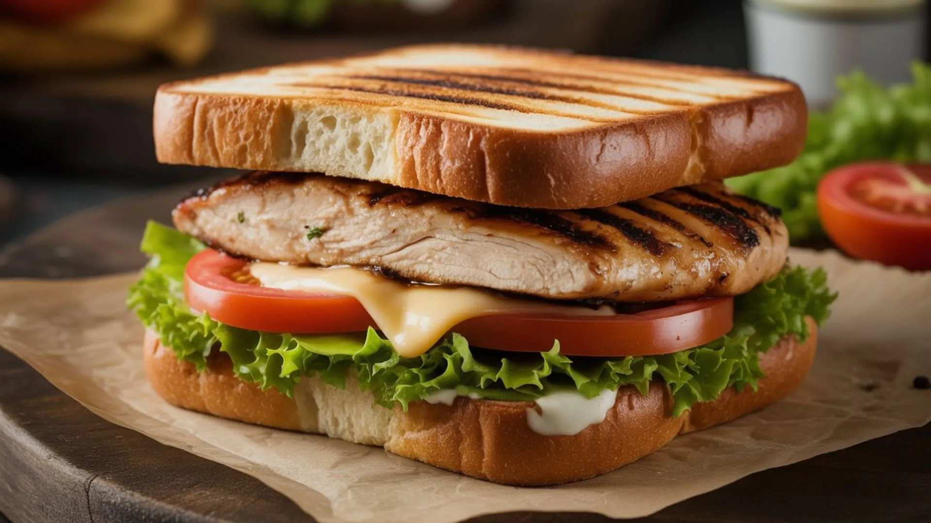 Healthy grilled chicken sandwich served with crispy vegetables and sauce