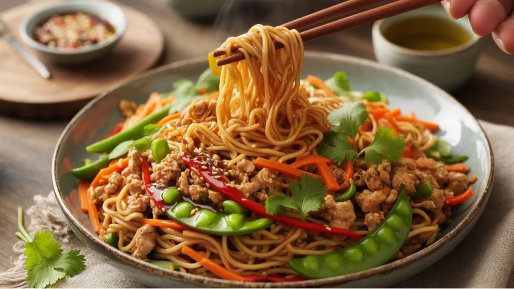 Healthy ground chicken pasta with tomatoes and spinach