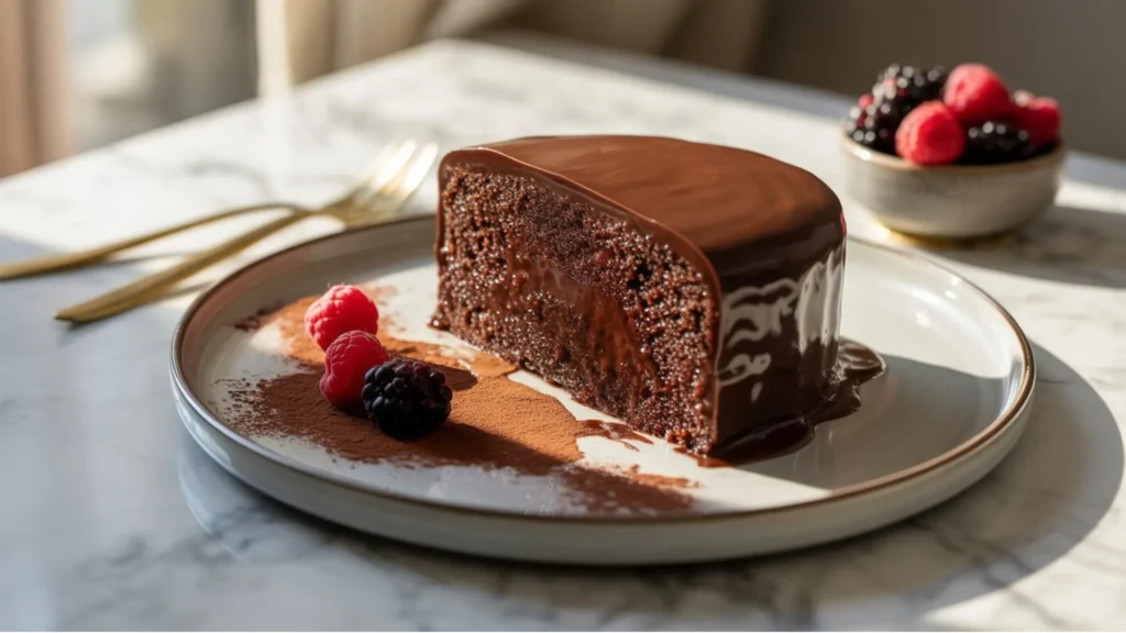 Healthy low sugar chocolate cake made with simple ingredients, a perfect dessert for balanced diets