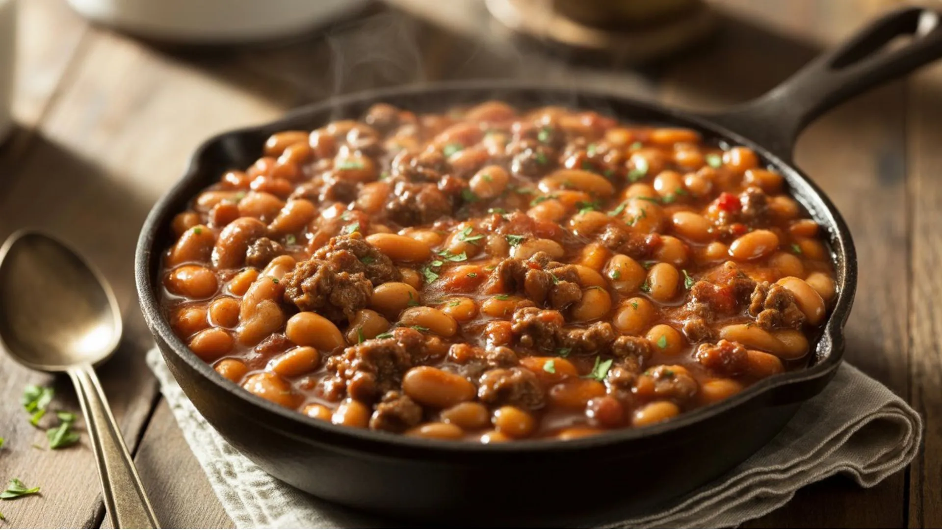 Hearty baked beans with ground beef in a rich savory sauce, perfect comfort food dinner