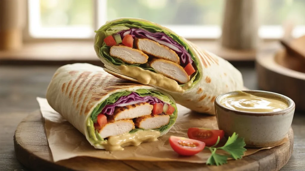 Homemade chicken honey mustard wrap served fresh with sliced chicken  lettuce  and rich honey mustard