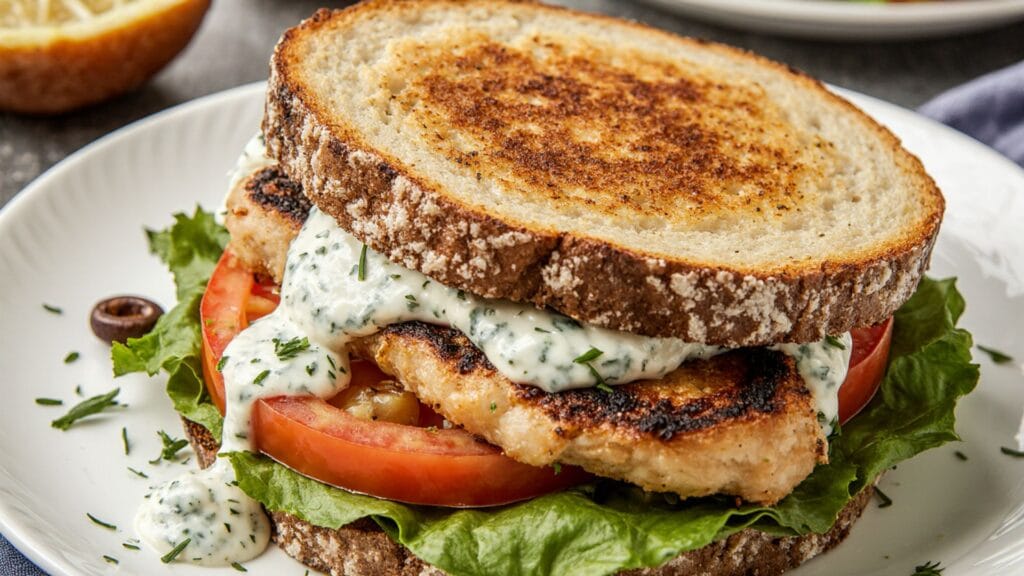 Homemade grilled chicken sandwich with golden grill marks and soft bread