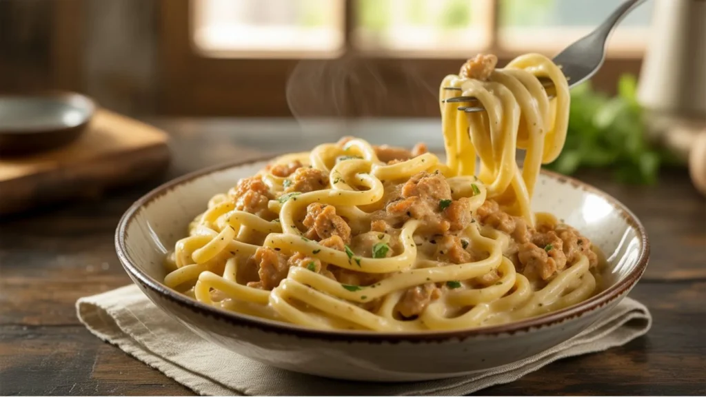 Homemade ground chicken pasta topped with parmesan cheese