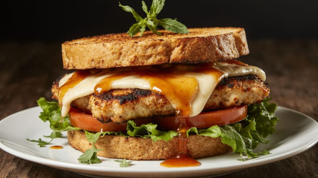 Juicy grilled chicken sandwich with fresh lettuce  tomato and toasted bun