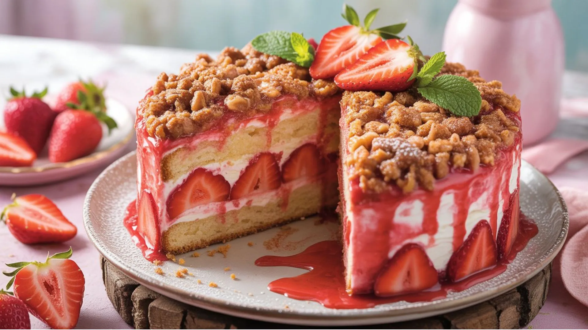 Layered strawberry cake with pink frosting and crispy strawberry crunch topping