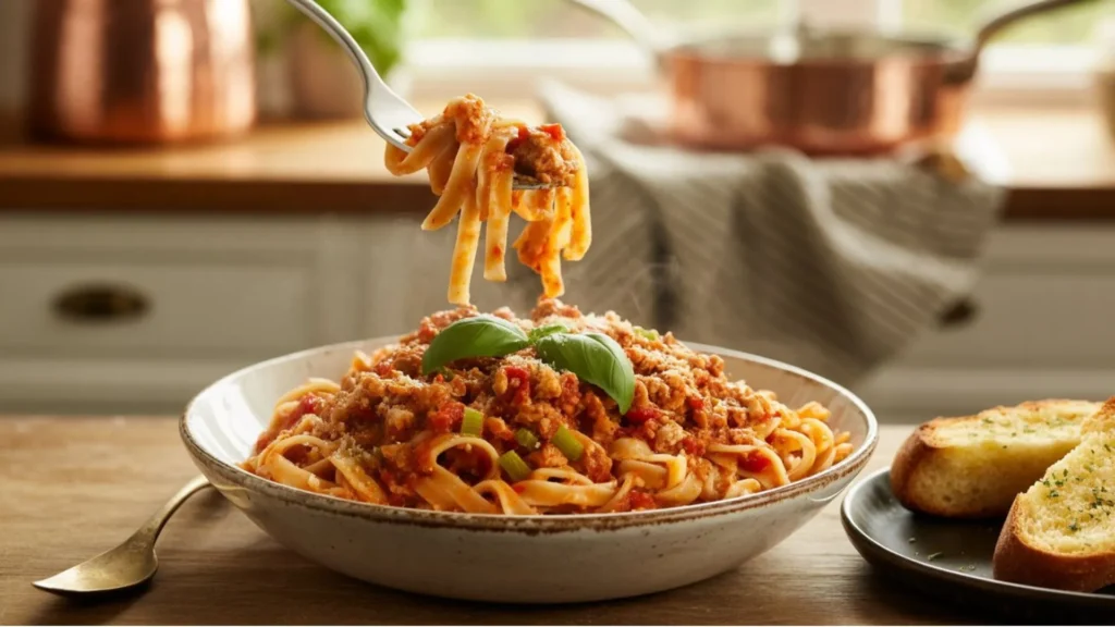 Quick ground chicken pasta cooked in one pan for easy dinner
